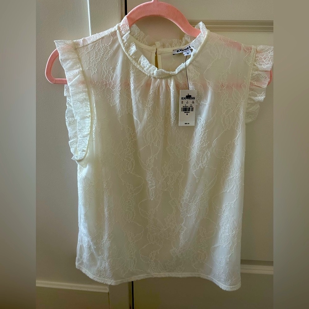 BNWT Express ivory lace shirt with high neck and button neck closure